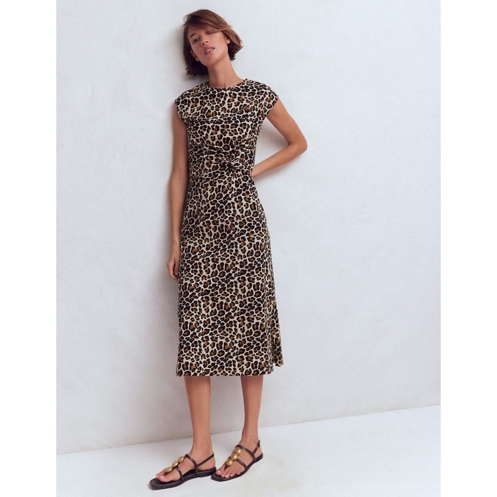 Boden Delilah Twisted Midi Dress 10 Cheetah Animal Print Slit Slub Cotton NWT